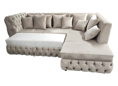 Canapé d'angle Chesterfield en forme de L avec fonction lit, canapé en tissu de luxe, 340 x 220.